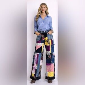 Upcycled Patchwork Wide Leg Pants Boho Denim Cargo Pants Handmade Trousers